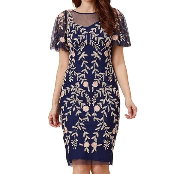 Adrianna Papell -  Beaded Flutter Sleeve Dress - Picture 1 of 16